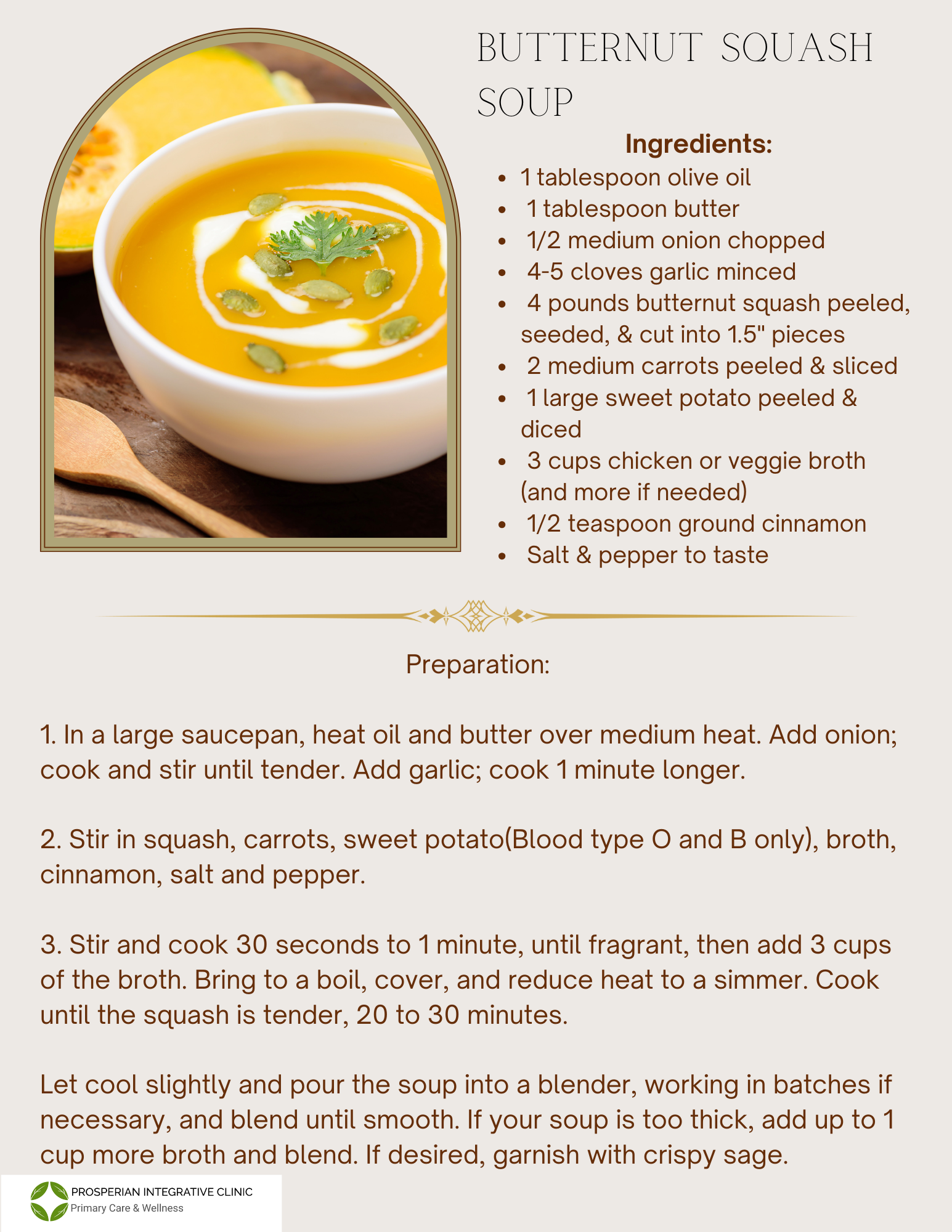 A recipe for butternut squash soup with a picture of a bowl of soup