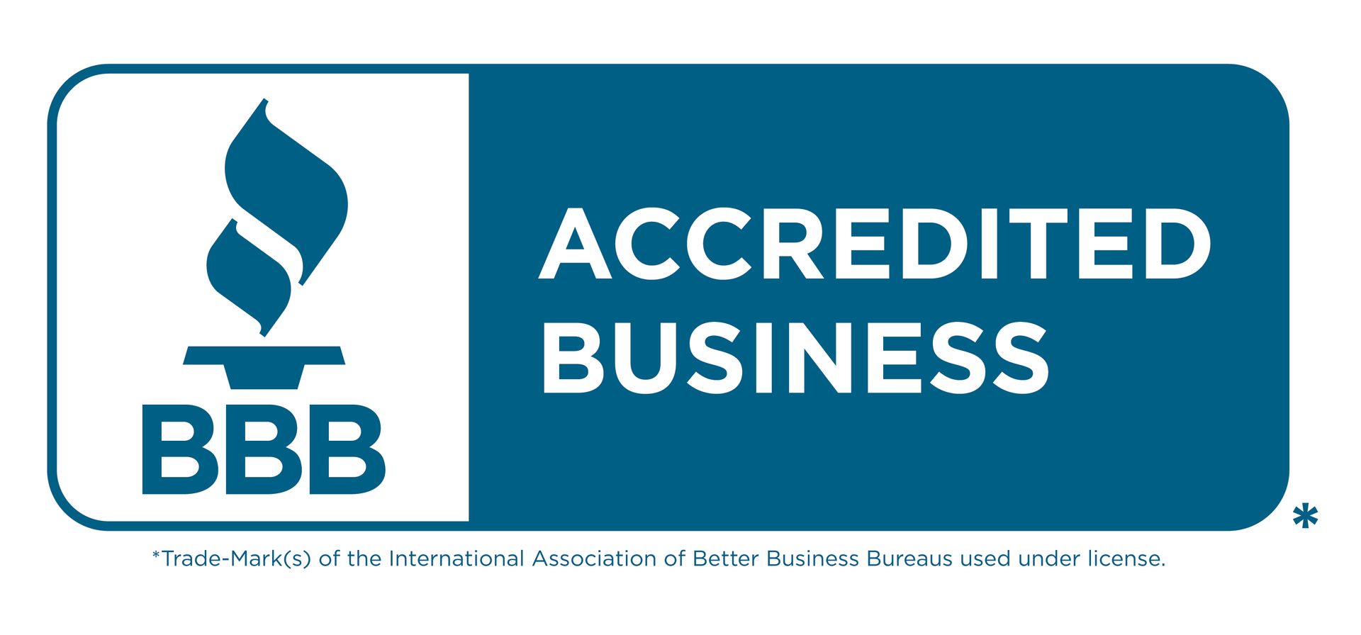 BBB Accredited Business logo, blue and white, with a torch and the text