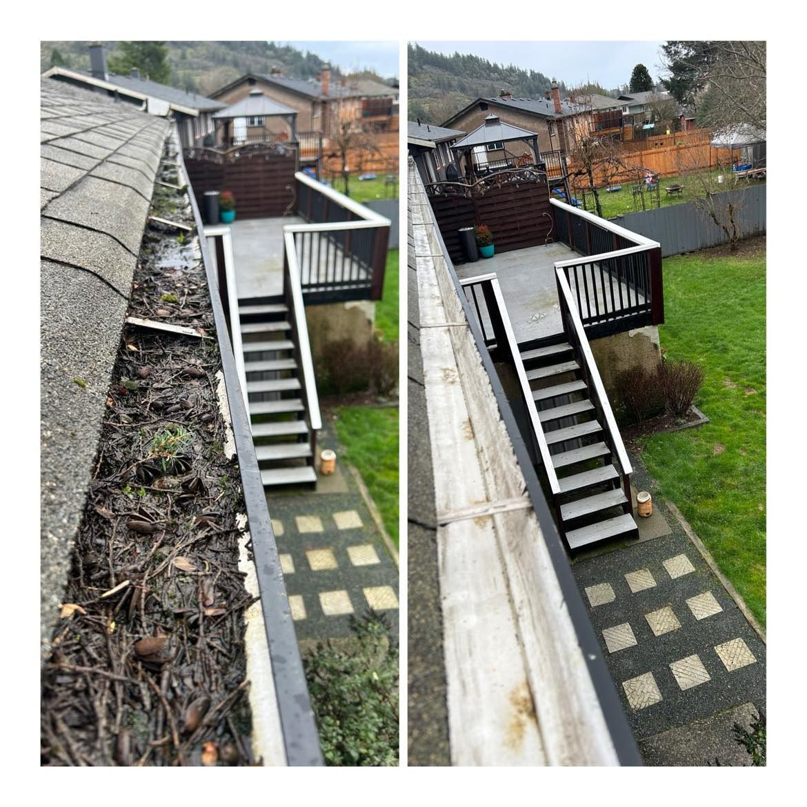A Before/after photo of a dirty gutter transforming to a clean gutter