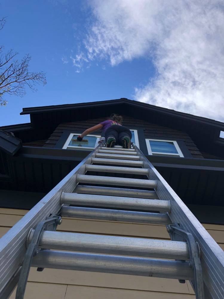 Person on ladder cleaning window of a dark-brown house against a blue sky with clouds.