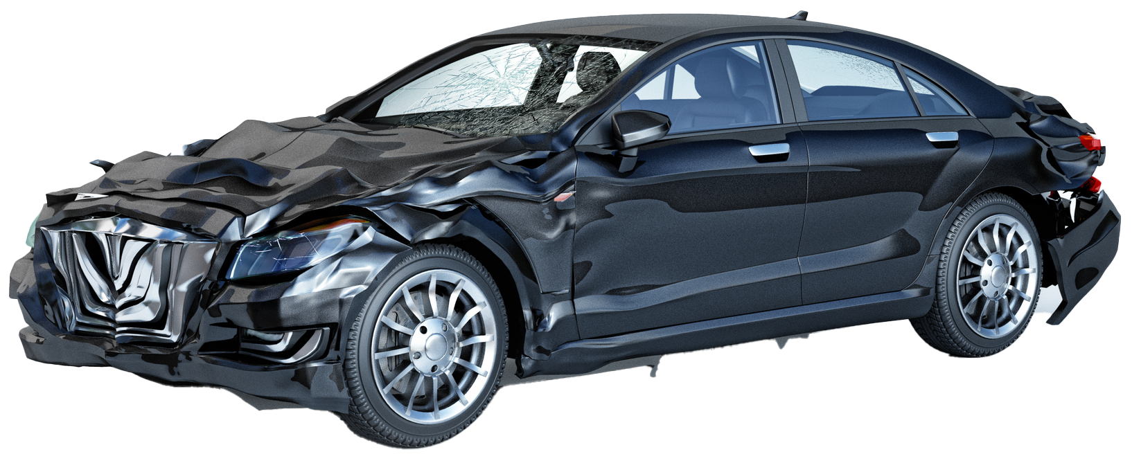 A black car with a damaged front end and a broken windshield on a white background.