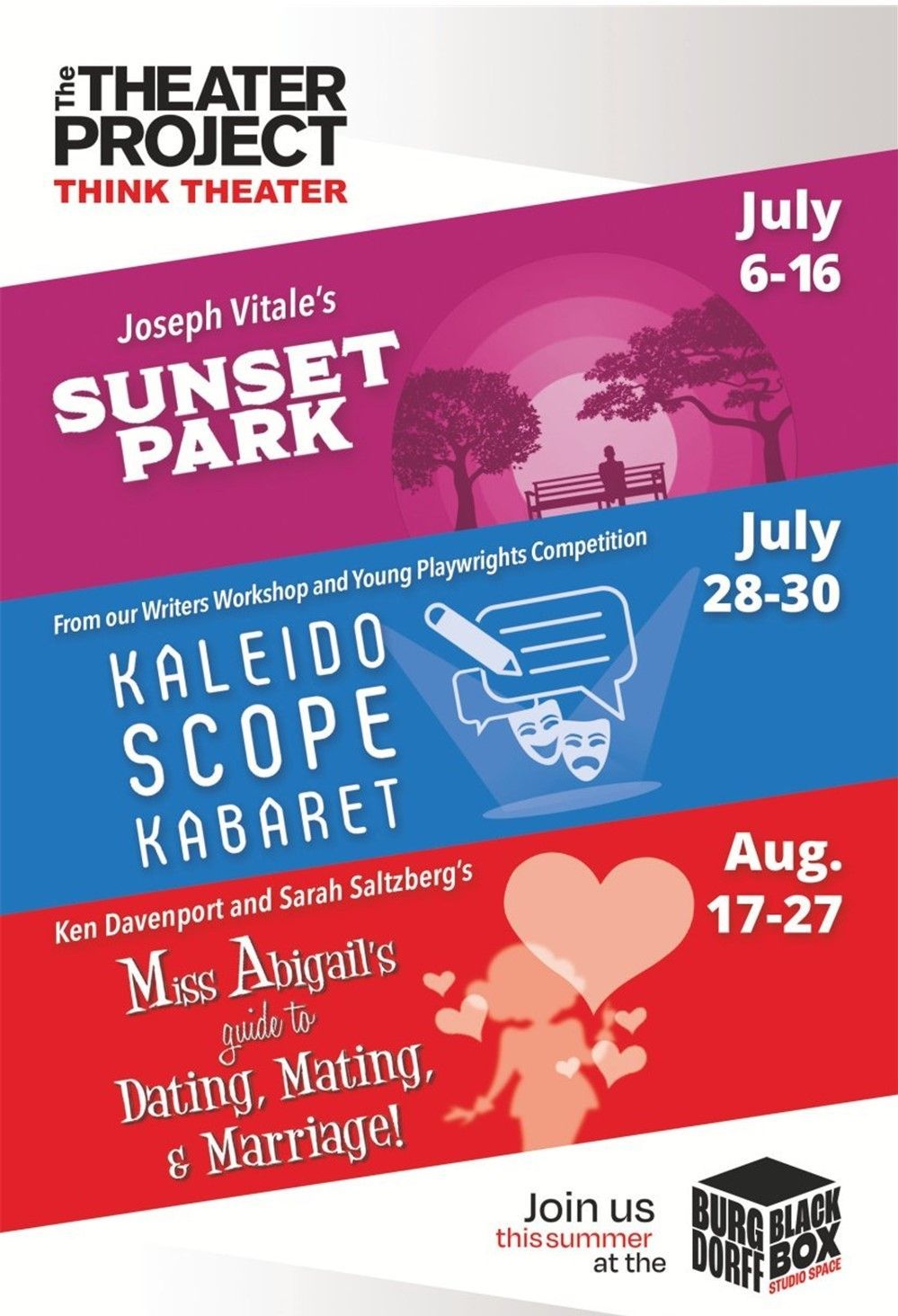 Postcard with three events: Sunset Park, Kaleidoscope Kabaret, Miss Abigails
