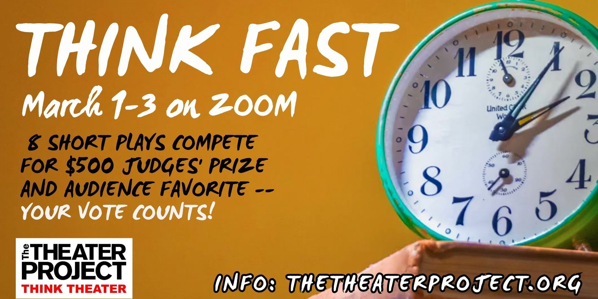 THINK FAST poster announcing performance dates 1-3 on Zoom