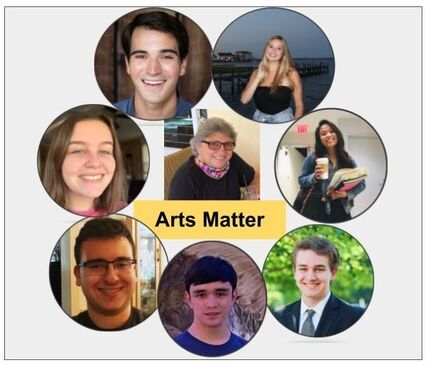 an icon for the podcast THE THEATER PROJECT THINKS ABOUT ... ARTS MATTER with pictures of the seven guests and host Mary Iannelli