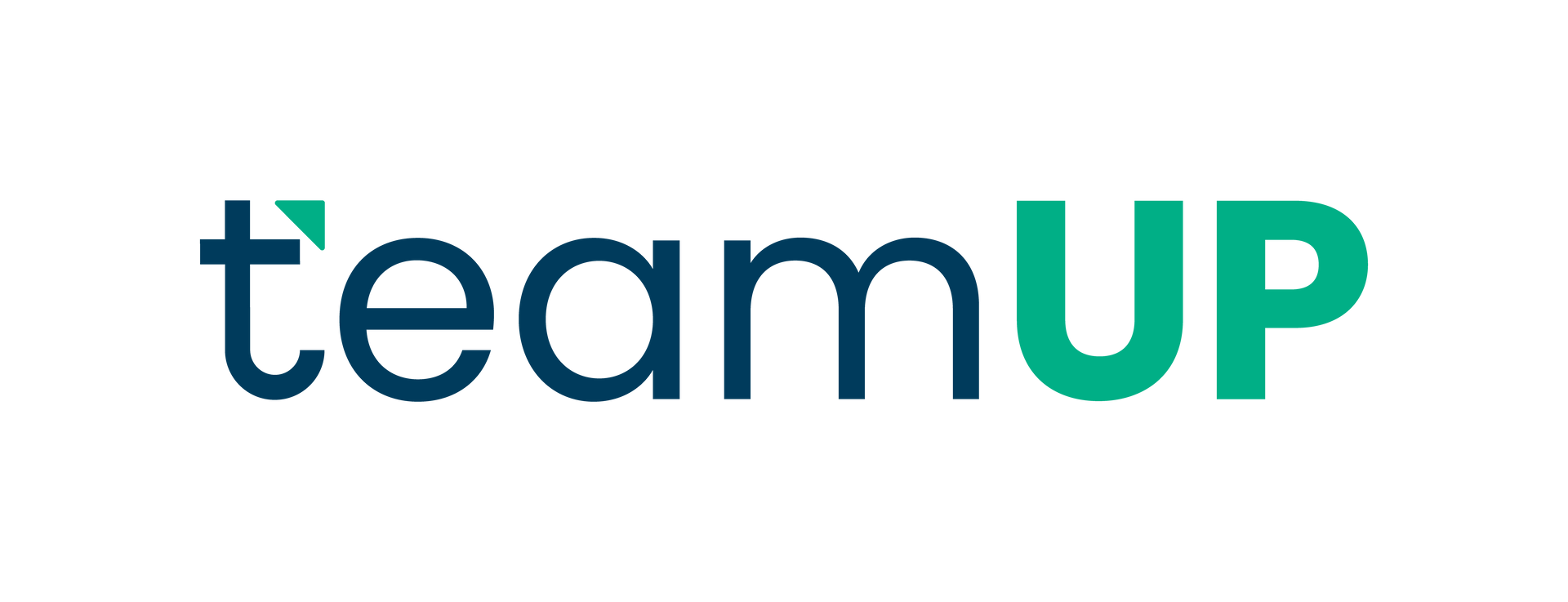 Logotipo de TeamUp en verde azulado oscuro y verde, con una forma geométrica verde azulado.