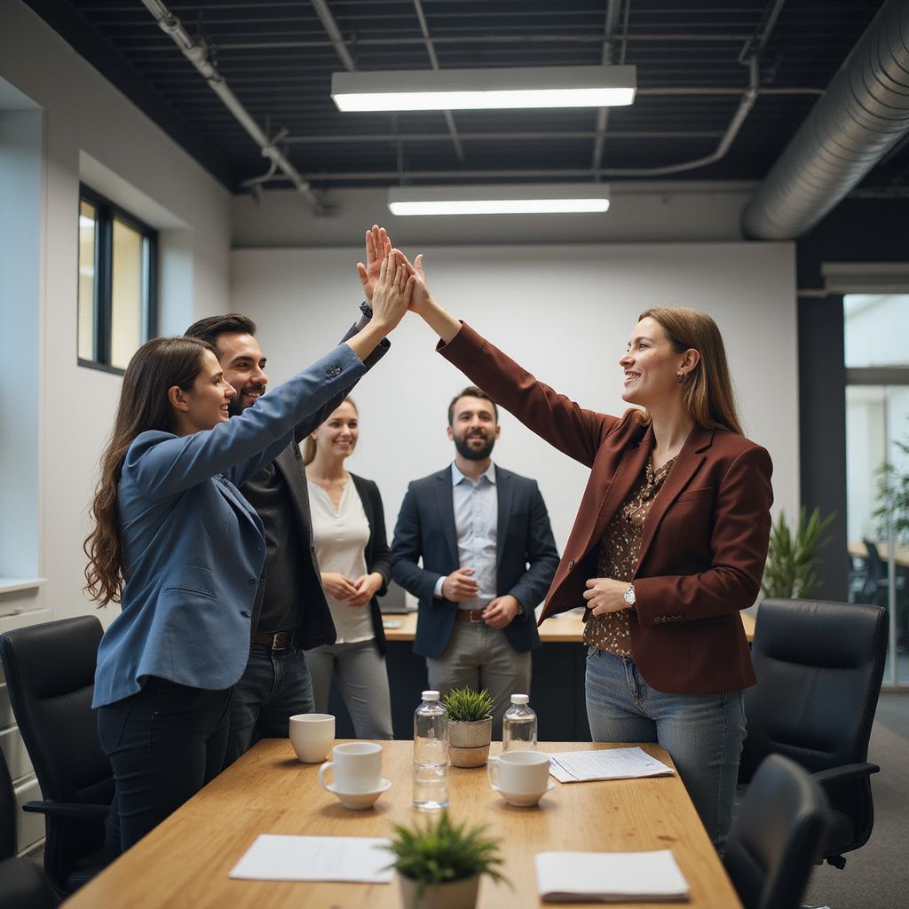 El equipo celebra chocando los cinco en un entorno de oficina, dos personas al frente y otras sonriendo en el fondo.