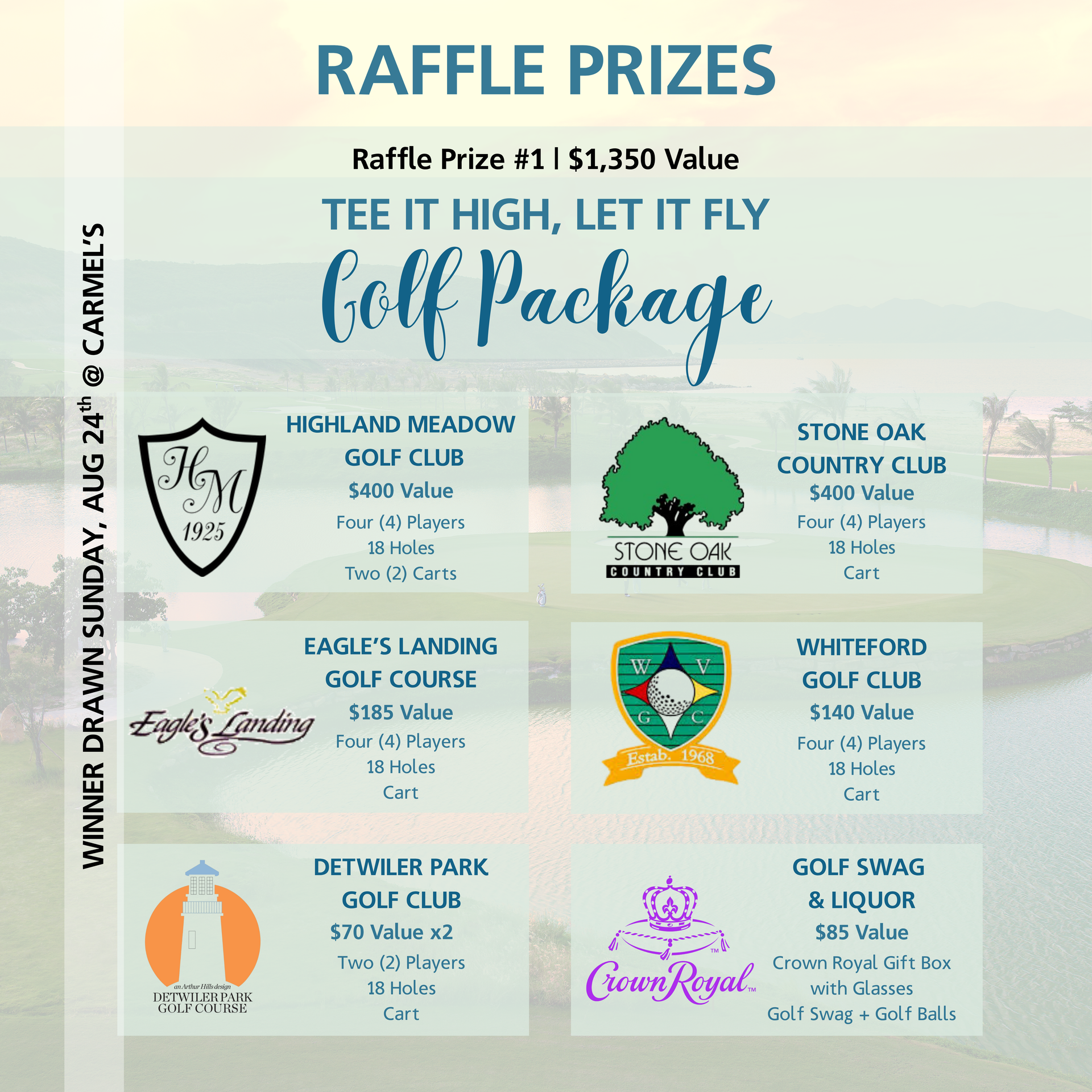 Raffle prizes for a golf package include multiple golf courses, golf swag, and a liquor prize. Winner drawn Sunday, August 24.