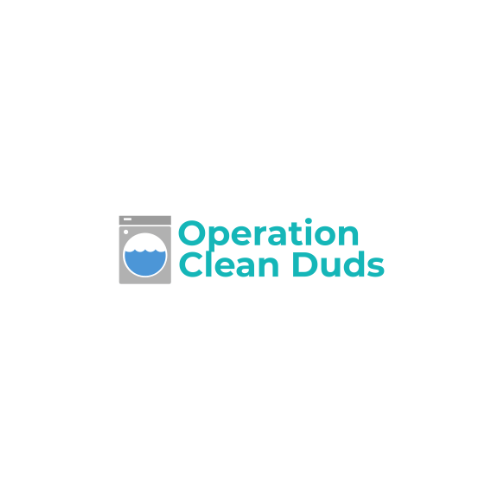 Logo: Gray washing machine, blue water, teal text