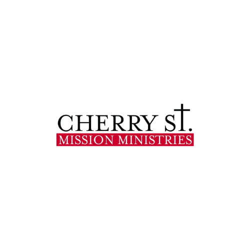 Cherry St. Mission Ministries logo: Text with cross symbol, red and black, white background.