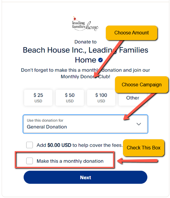 A screenshot of a donation page for beach house inc.