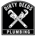 Black and white logo: "Dirty Deeds Plumbing" with crossed wrenches.