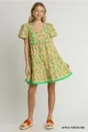 UMK8416 Pink Mix Floral Print Vneck Short Sleeves Draws With Piping Details