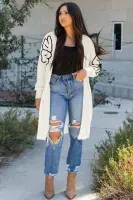 BGA808P115 Beige Flower Embroidered Drop Shoulder Open Front Duster Cardigan