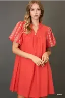 UMK913 Coral Split neck A Line Midi Dress With Embroird Details