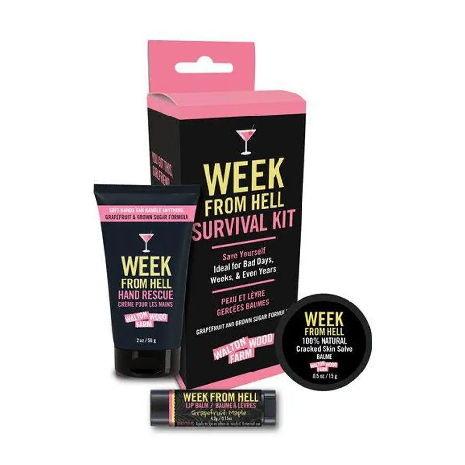 Week From Hell survival kit gift set in black and pink packaging with tube, tin, and lip balm