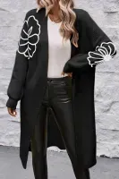 BGA80892 Black Flower Embroidered Drop Shoulder Open Front Duster Cardigan