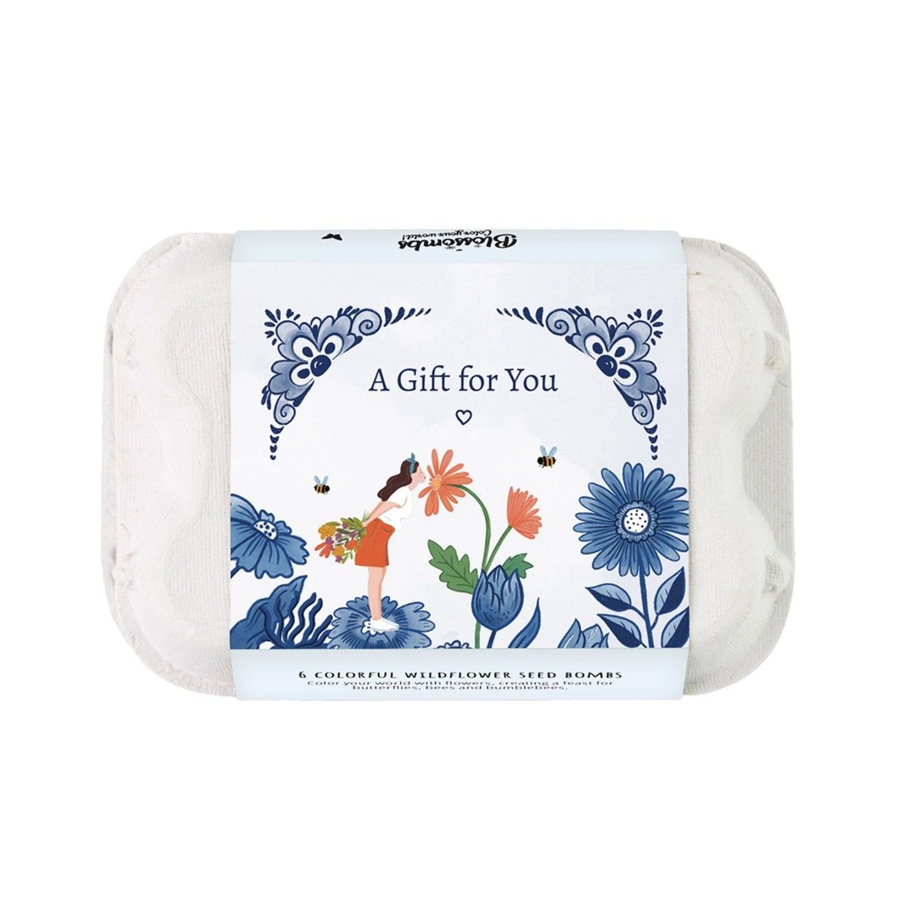 Gift box with floral design and the words “A Gift for You” in blue and orange.