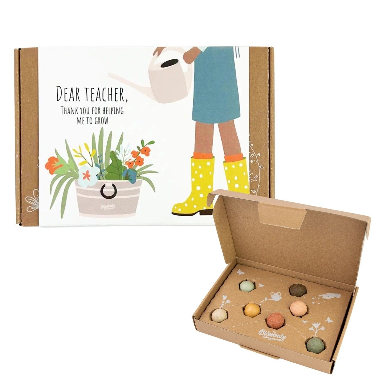 Teacher gift box with a floral card and a tray of assorted chocolates in an open carton