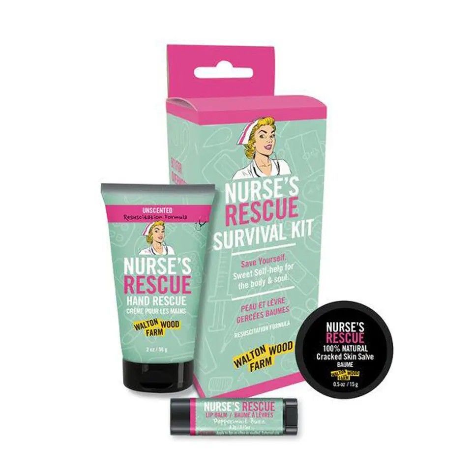 Nurse’s Rescue survival kit with hand rescue cream, lip balm, and foot cream in pink packaging