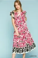 UMK0004 Cherry Red Border Print Collard Midi Dress with Ruffled Sleeves