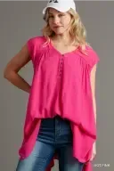 UMC3791 Dusty Munt Asymmetrical Sleeveless Top V Neck Mud Button