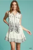 UMK9487 Grey Abstract Border Print Midi Dress