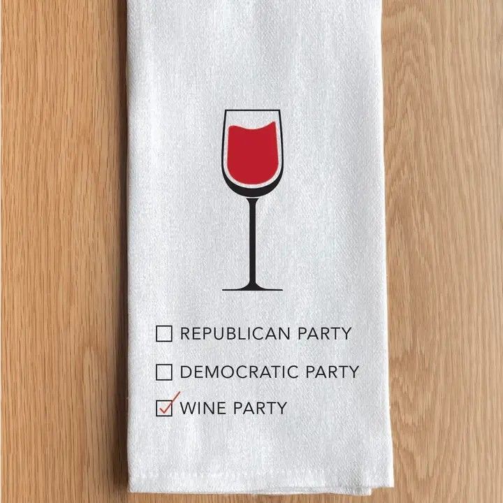 Napkin with a red wine glass icon and checkboxes for Republican, Democratic, and Wine Party, with Wine Party checked
