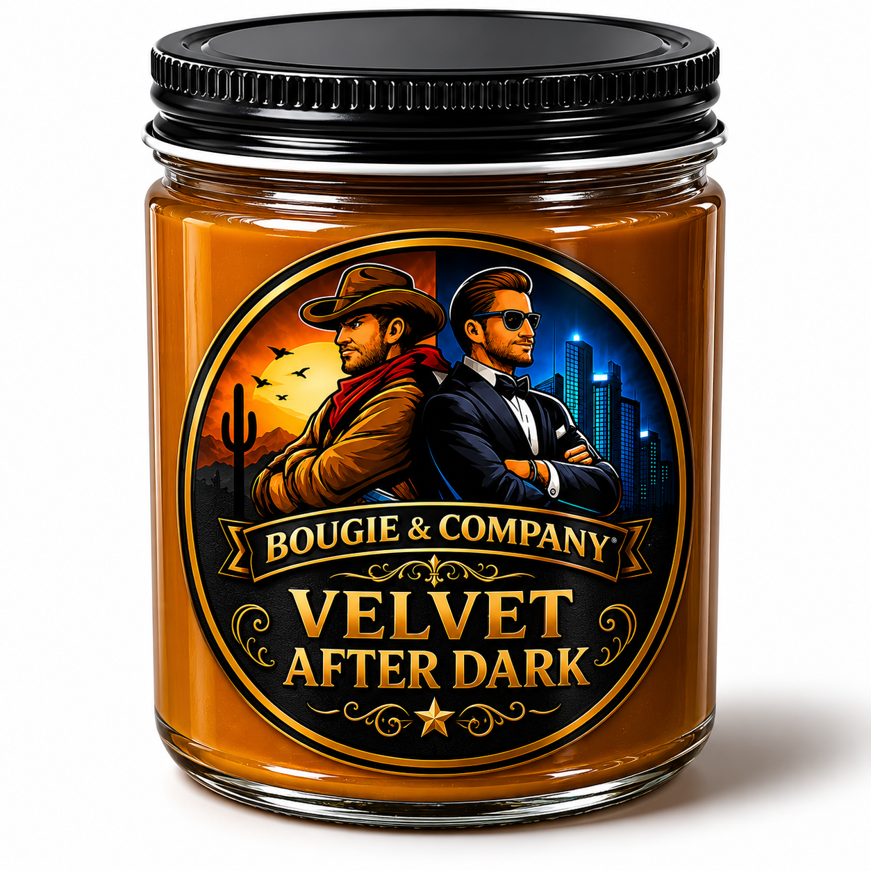 Amber jar labeled “Bougie & Company Velvet After Dark” with noir-style illustration and black lid