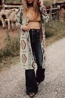 BGAP1720 Brown Western Azetec Printed Open Front Long Cardigan