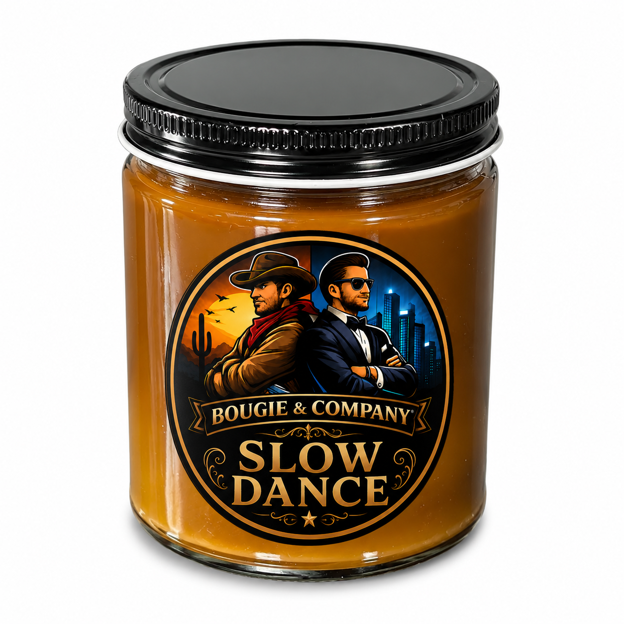 Jar with black lid and orange label reading “Bougie & Company Slow Dance,” featuring two illustrated men.