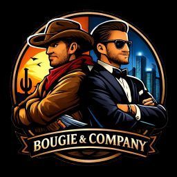 Stylized logo of two men in cowboy and tuxedo attire with &ldquo;BOUGIE & COMPANY&rdquo; text