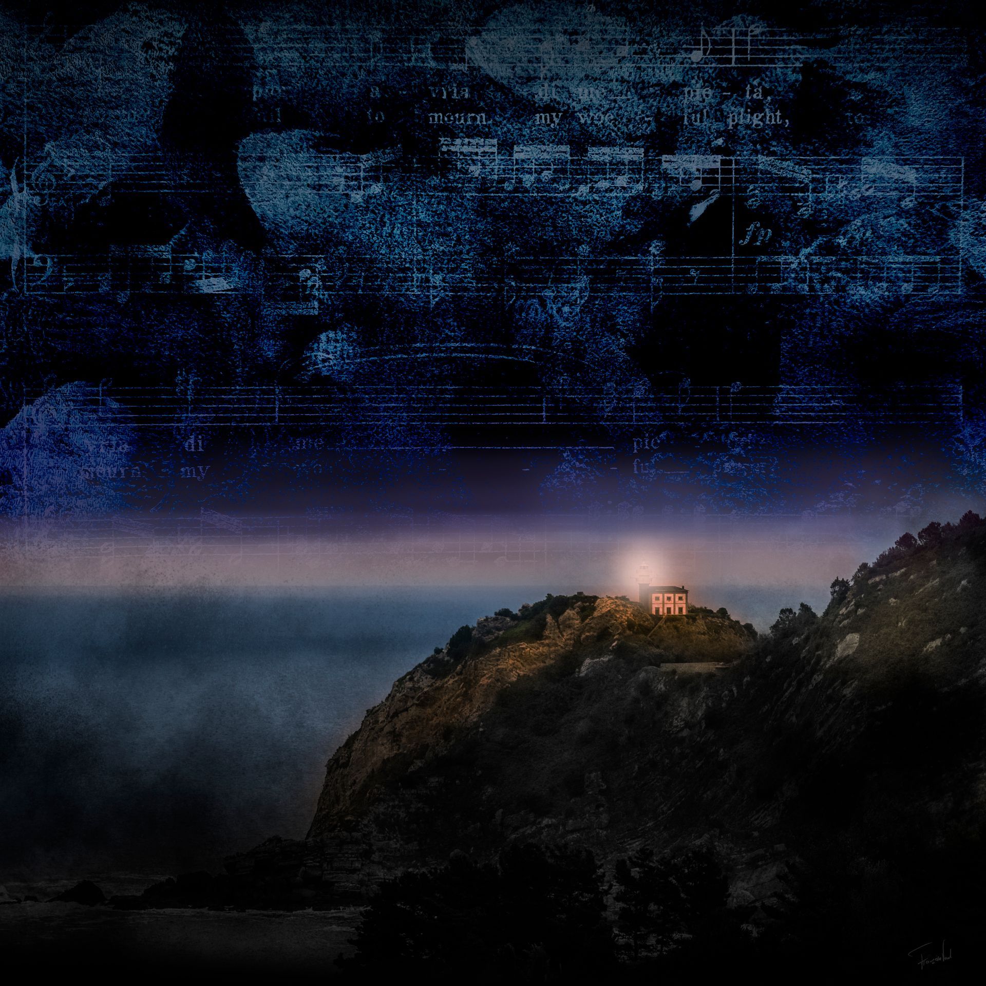 Artwork by Françoise Vaal depicting a lighthouse on a cliff