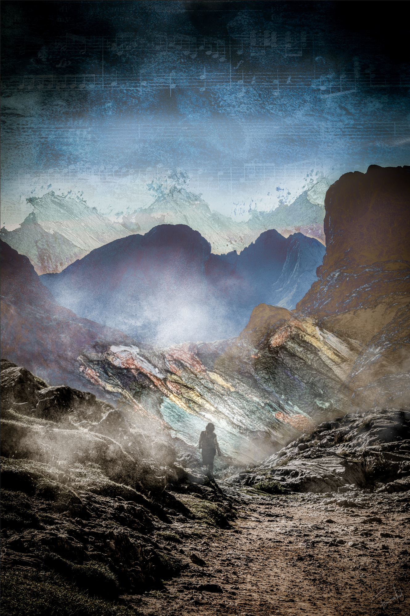mixed media artwork made by Françoise Vaal, depicting a woman walking into a rugged mountainous area