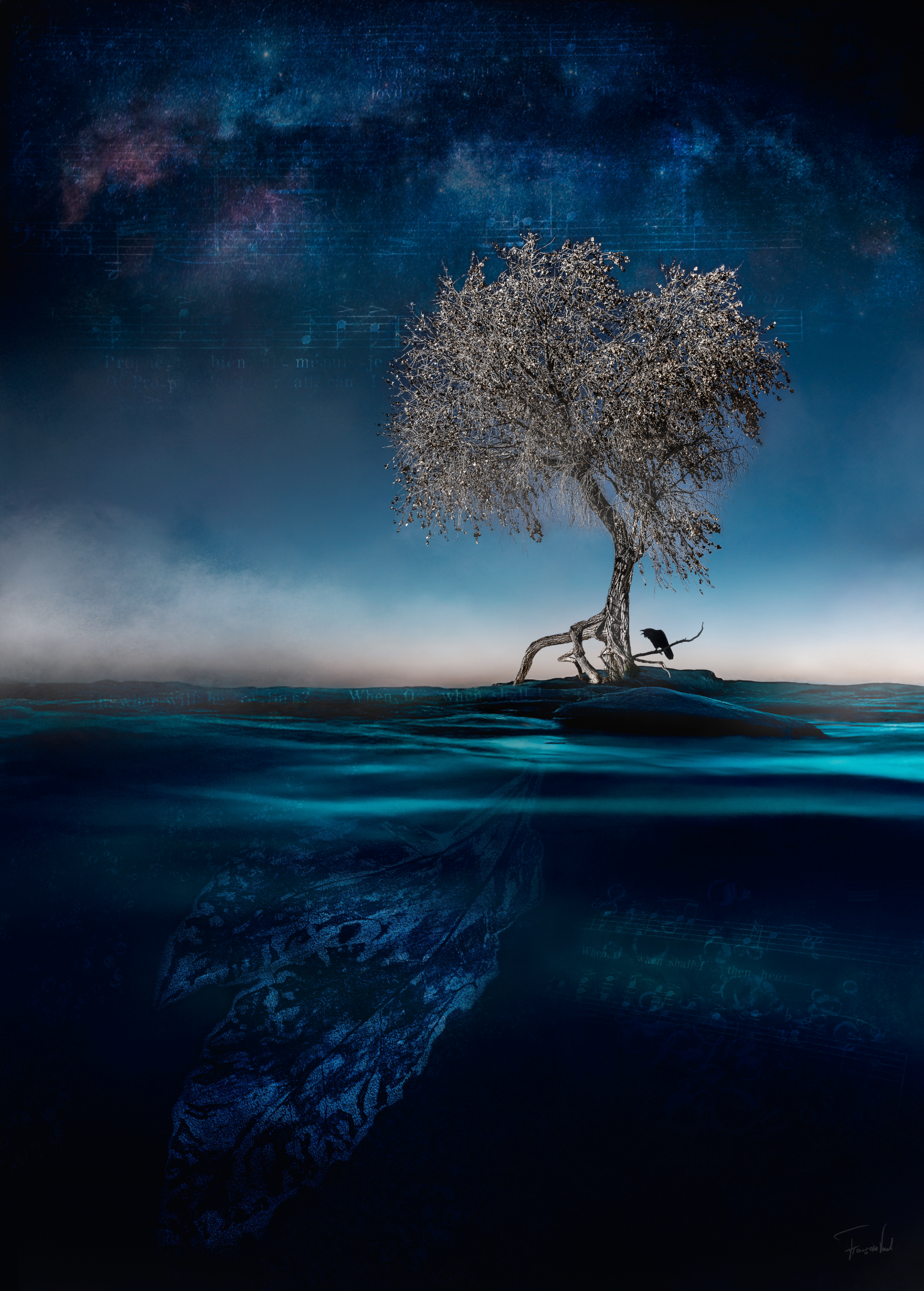 photo of artwork called Refuge, made by mixed media artist Françoise Vaal, depicting a lonely tree in an ocean, with a screaming raven perched on a branch.