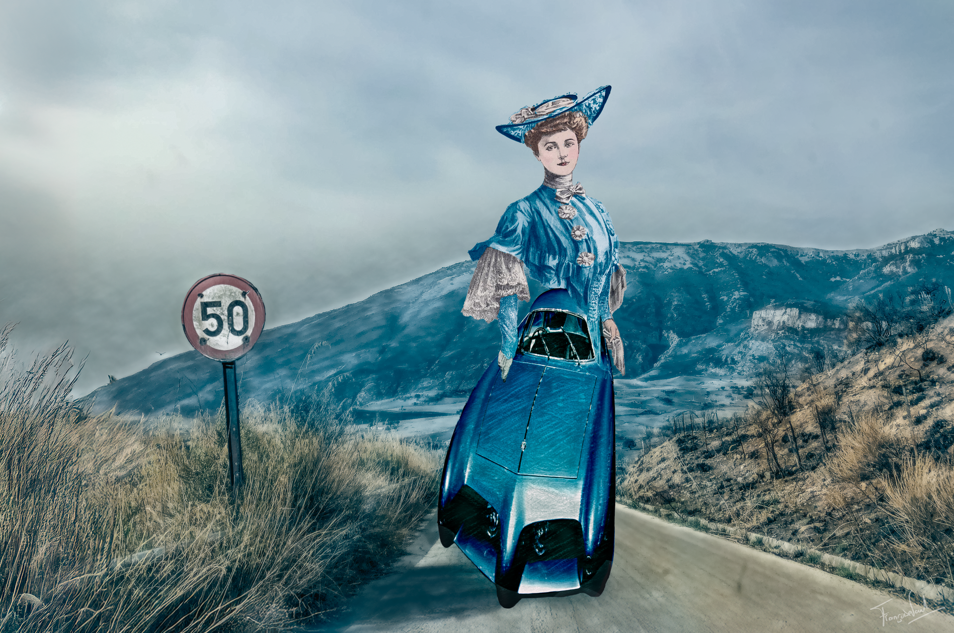 I'll drive at my own speed, a mixed media whimsical digital collage of a vintage woman in a landscape wearing a vintage car, made by Françoise Vaal