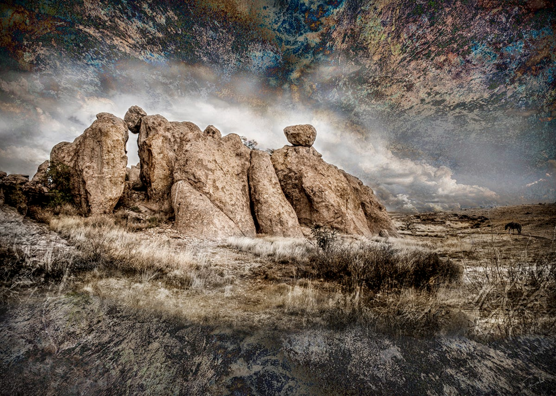 Photo of digital mixed media collage by Françoise Vaal, called Hideout.