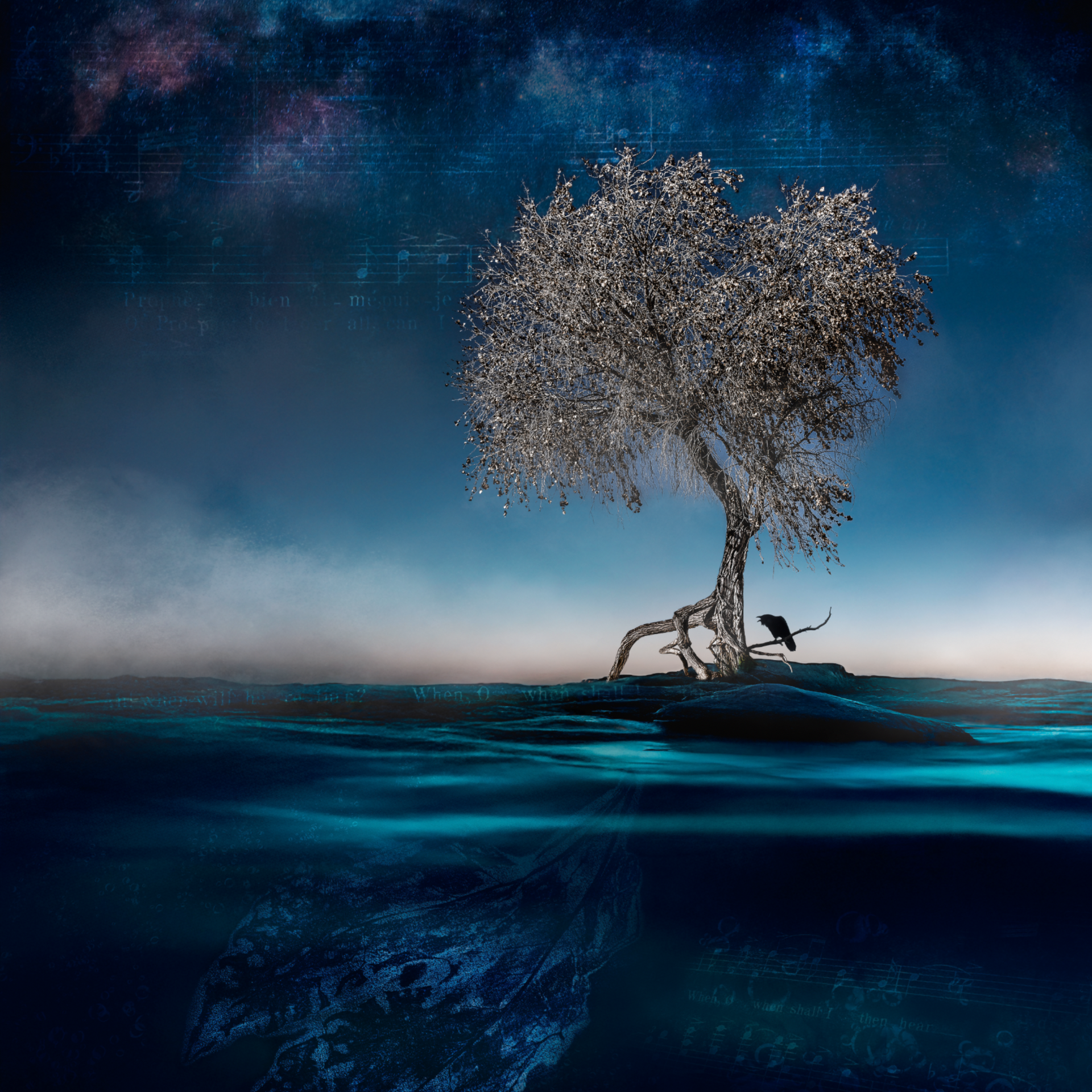 foto van mixed media kunstwerk 'REfuge' door Françoise Vaal, over een raaf op een eenzame boom midden in de oceaan.