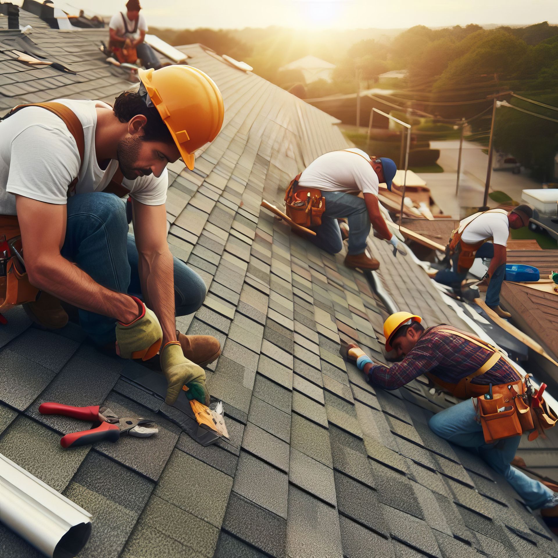 A busy roofing crew from our professional roofing company installs shingles on a residential roof.