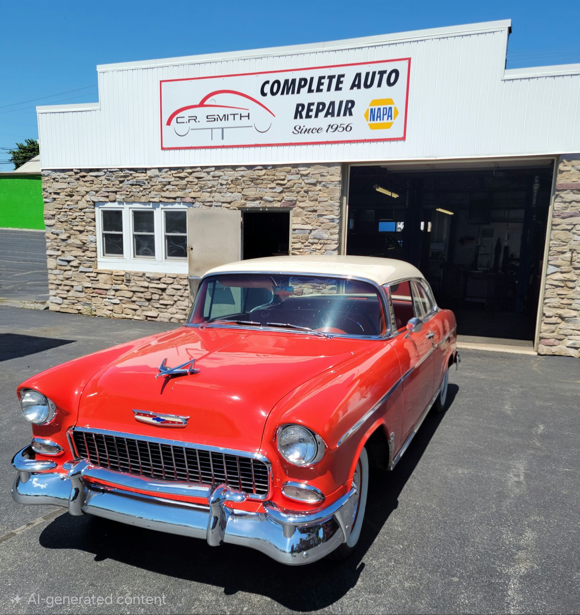 A bright red 1955 Chevrolet parked in front of C.R. Smith Complete Auto Repair, a shop with a stone facade.