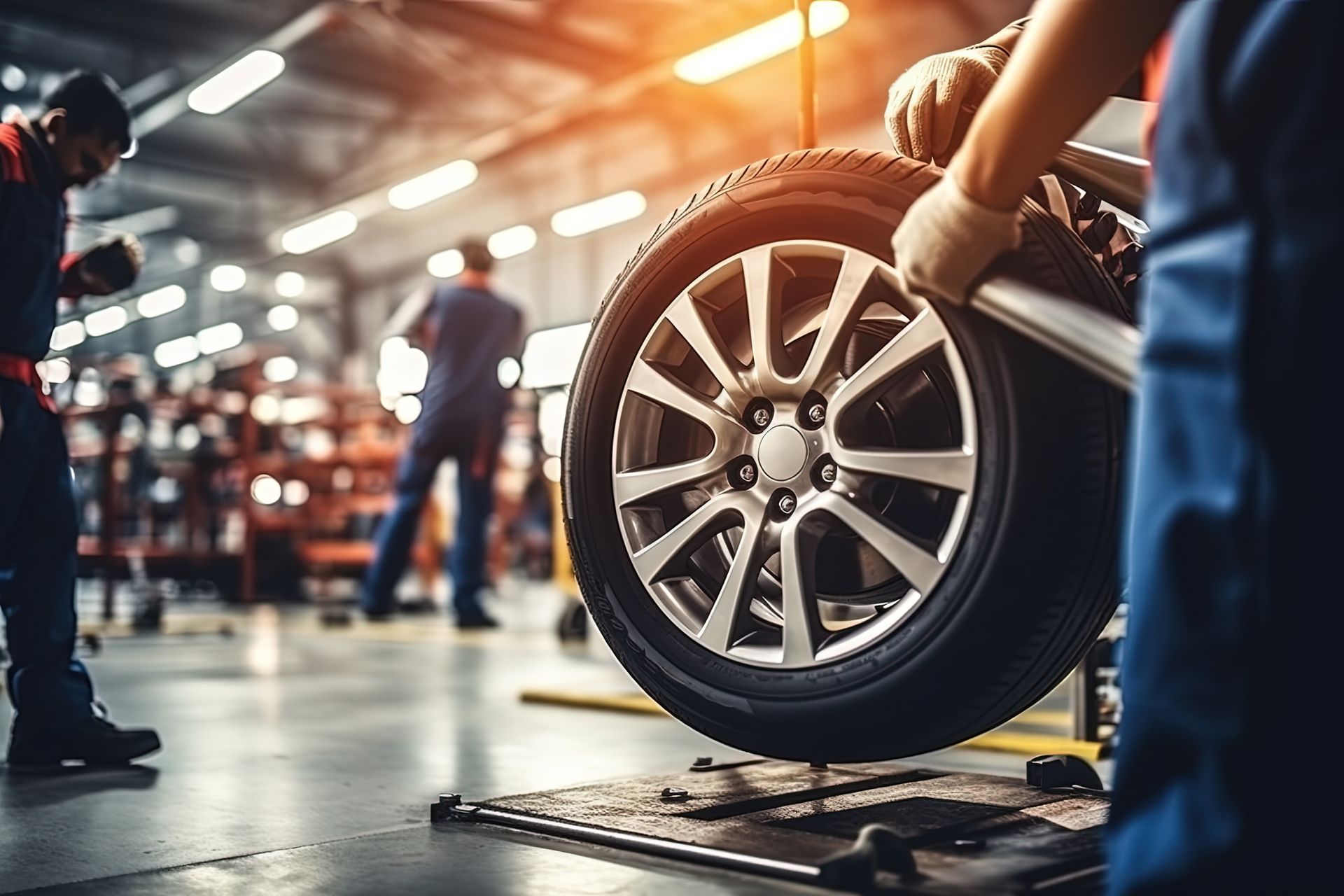 Mechanic performing tire maintenance services in a professional auto garage with car wheel.