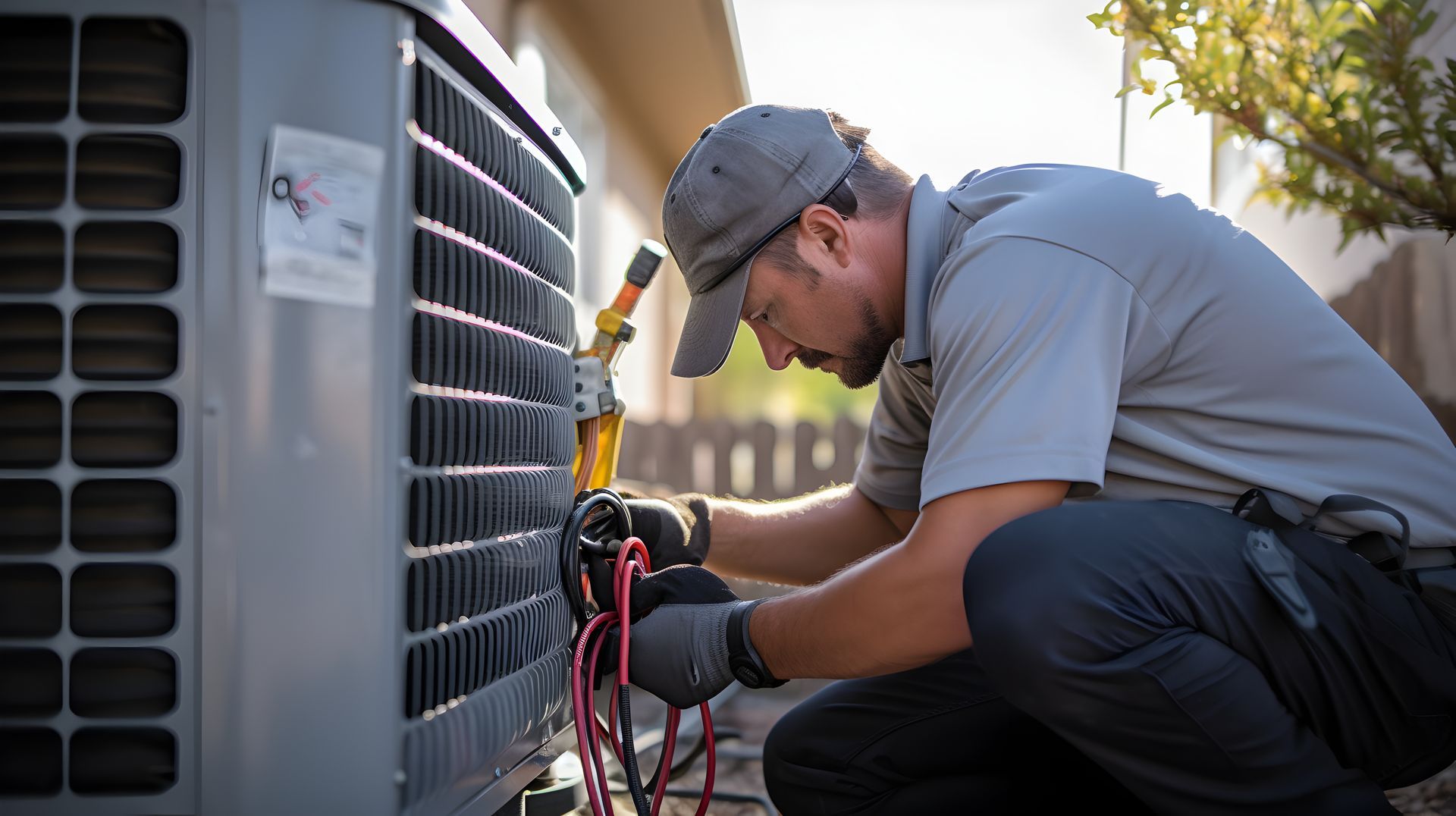 Technician kneeling beside an outdoor air conditioner, checking wiring with tools in hand.