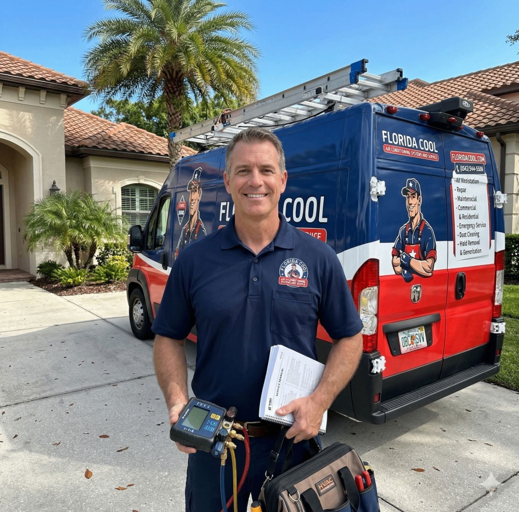 Technician in navy polo stands by a red-and-blue service van in a sunny suburban driveway, holding tools and paperwork