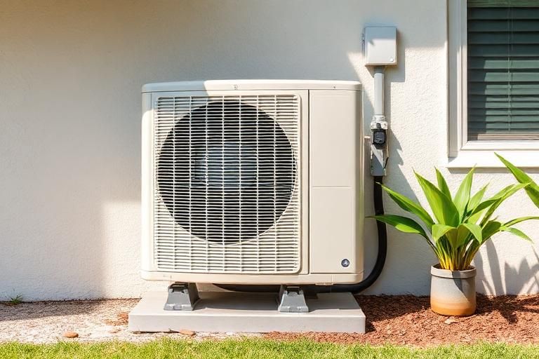 Outdoor air conditioning unit beside a white wall and potted plant on a sunny patio