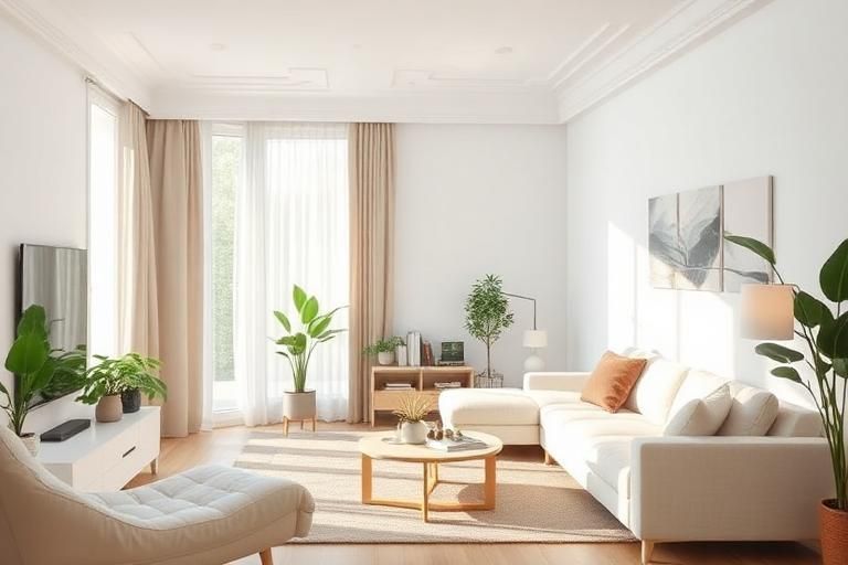 Bright minimalist living room with white sofa, beige chair, potted plants, and sunlight through tall curtains