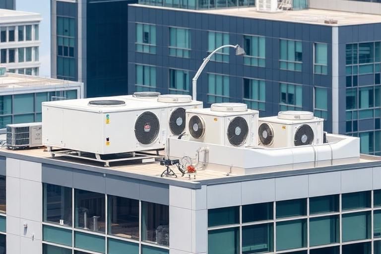 Rooftop HVAC units on a modern building, with neighboring office towers in the background