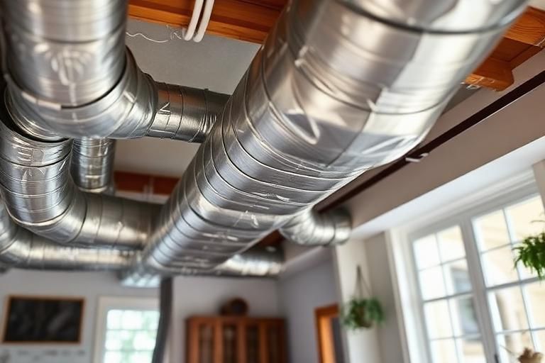 Exposed silver HVAC ductwork running across a bright room with windows and wooden ceiling beams