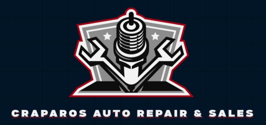 Logo for Craparos Auto Repair & Sales. Features a spark plug and wrenches in front of a shield with a red outline.