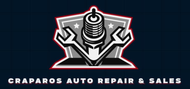 Logo for Craparos Auto Repair & Sales. Features a spark plug and wrenches in front of a shield with a red outline.