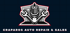 Logo for Craparos Auto Repair & Sales. Features a spark plug and wrenches in front of a shield with a red outline.