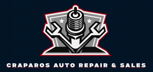 Logo for Craparos Auto Repair & Sales. Features a spark plug and wrenches in front of a shield with a red outline.